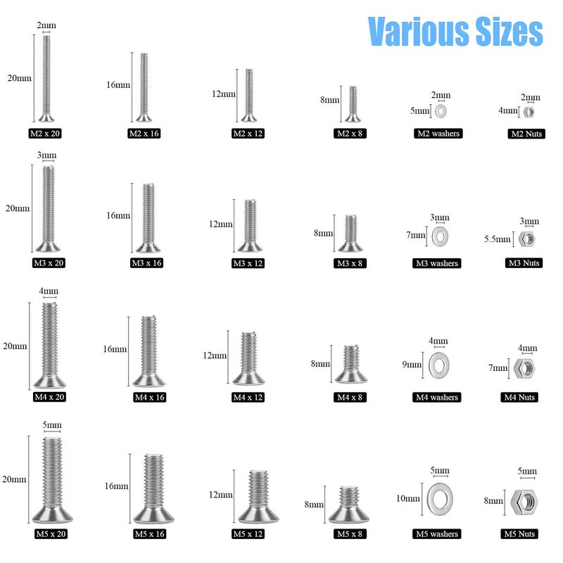 DYWISHKEY 1220 PCS M2 M3 M4 M5, 304 Stainless Steel Hex Flat Head Cap Bolts Screws Nuts Washers Assortment Kit with Hex Wrenches - Image 3
